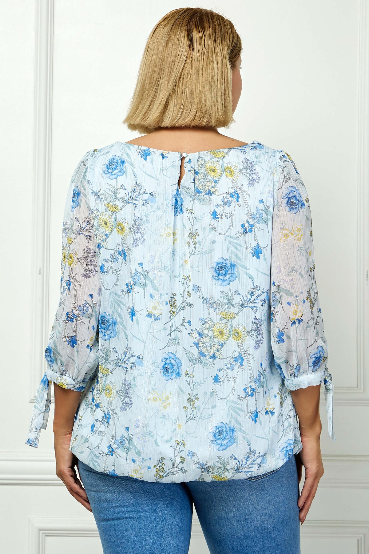Dressbarn New | 3/4 Tie Sleeve Pleat Neck Studded Bubble Blouse in Light Blue Floral - Plus