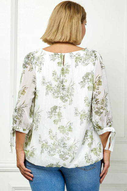 Dressbarn Featured | 3/4 Tie Sleeve Pleat Neck Studded Bubble Blouse in Ivory/Sage Sketch - Plus