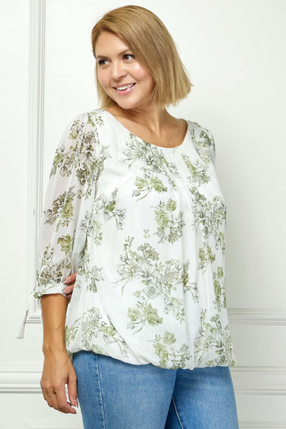 Dressbarn Featured | 3/4 Tie Sleeve Pleat Neck Studded Bubble Blouse in Ivory/Sage Sketch - Plus