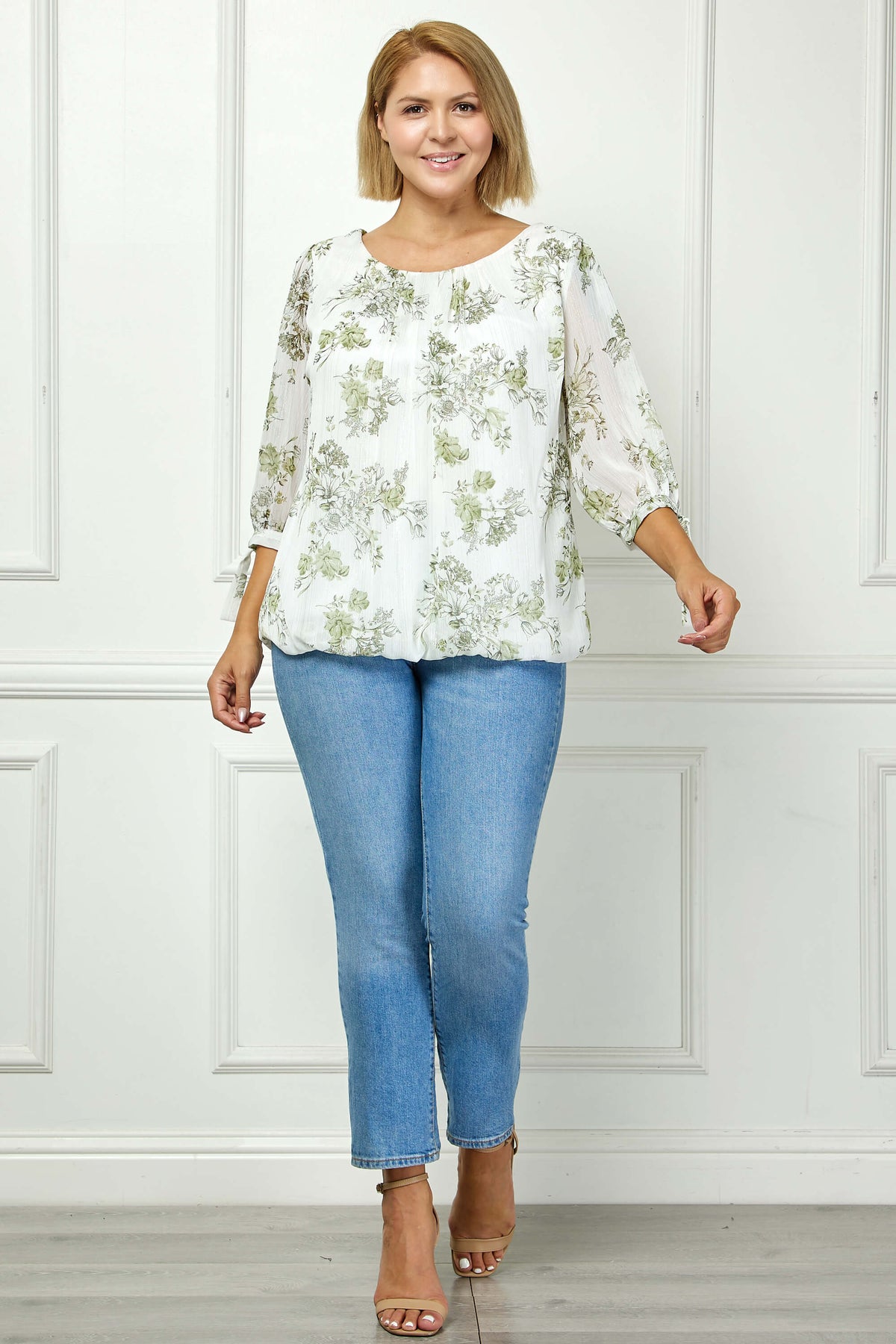 Dressbarn Featured | 3/4 Tie Sleeve Pleat Neck Studded Bubble Blouse in Ivory/Sage Sketch - Plus