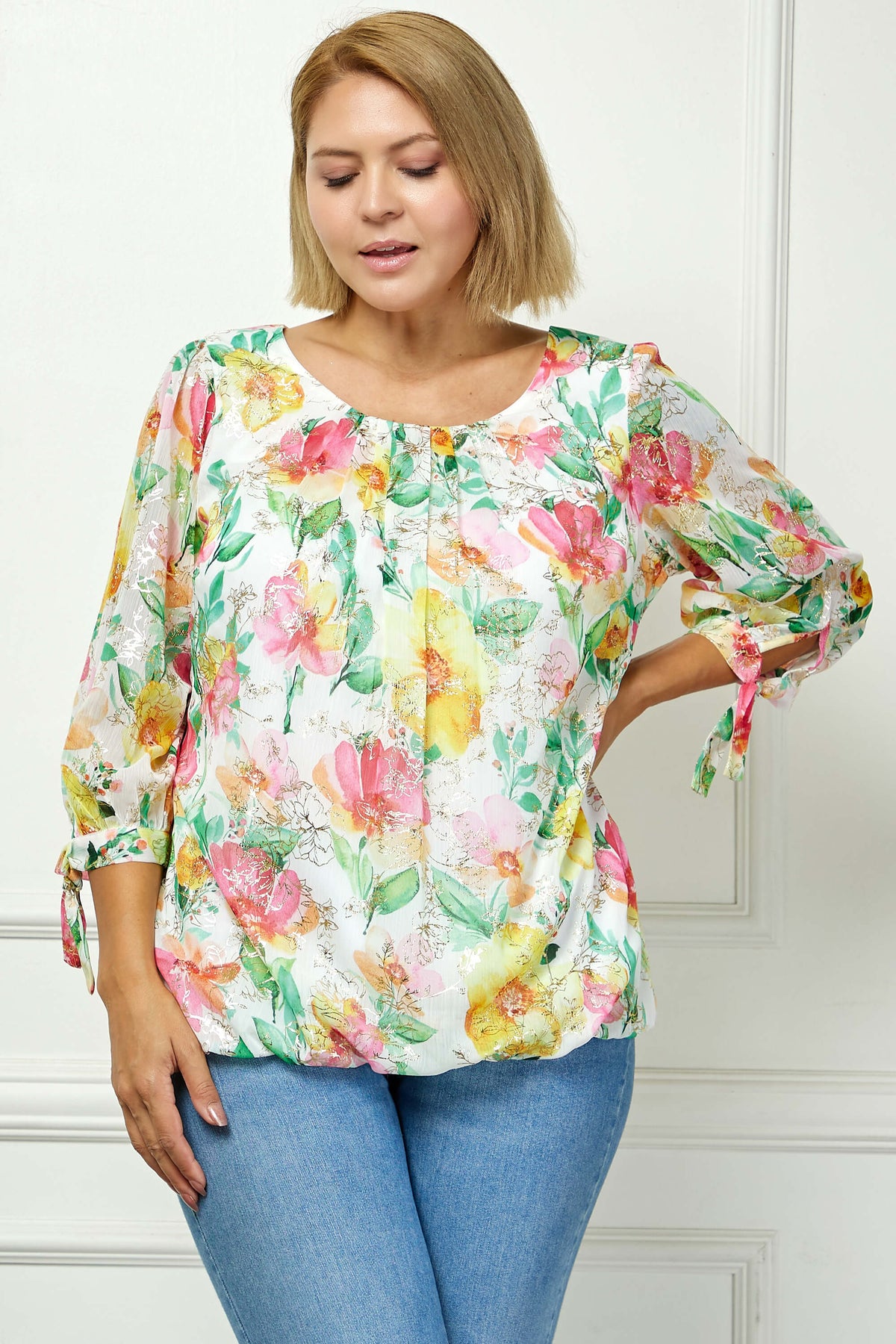 Dressbarn Popular | 3/4 Tie Sleeve Pleat Neck Floral Foil Bubble Blouse in White/Pink/Green Multi - Plus