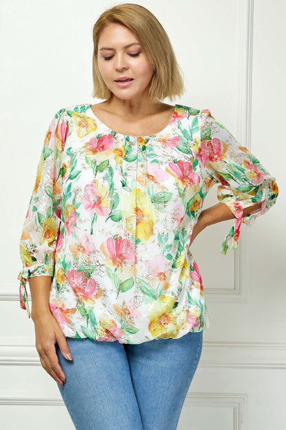 Dressbarn Popular | 3/4 Tie Sleeve Pleat Neck Floral Foil Bubble Blouse in White/Pink/Green Multi - Plus
