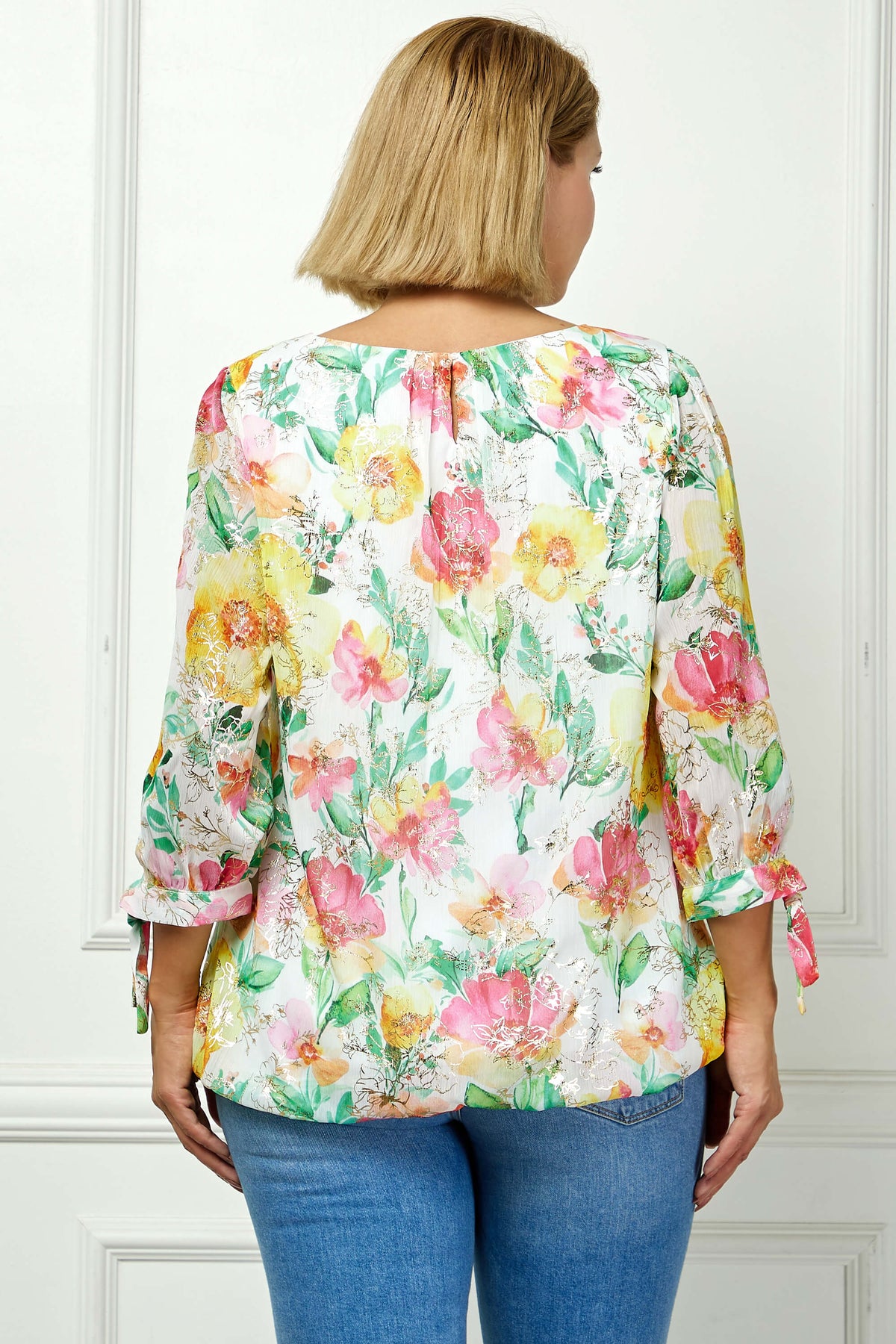 Dressbarn Popular | 3/4 Tie Sleeve Pleat Neck Floral Foil Bubble Blouse in White/Pink/Green Multi - Plus