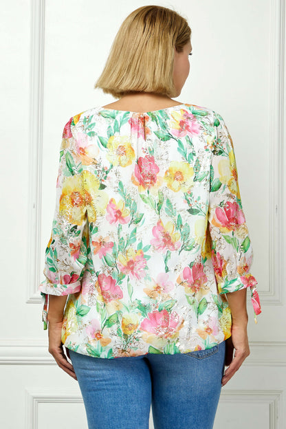 Dressbarn Popular | 3/4 Tie Sleeve Pleat Neck Floral Foil Bubble Blouse in White/Pink/Green Multi - Plus