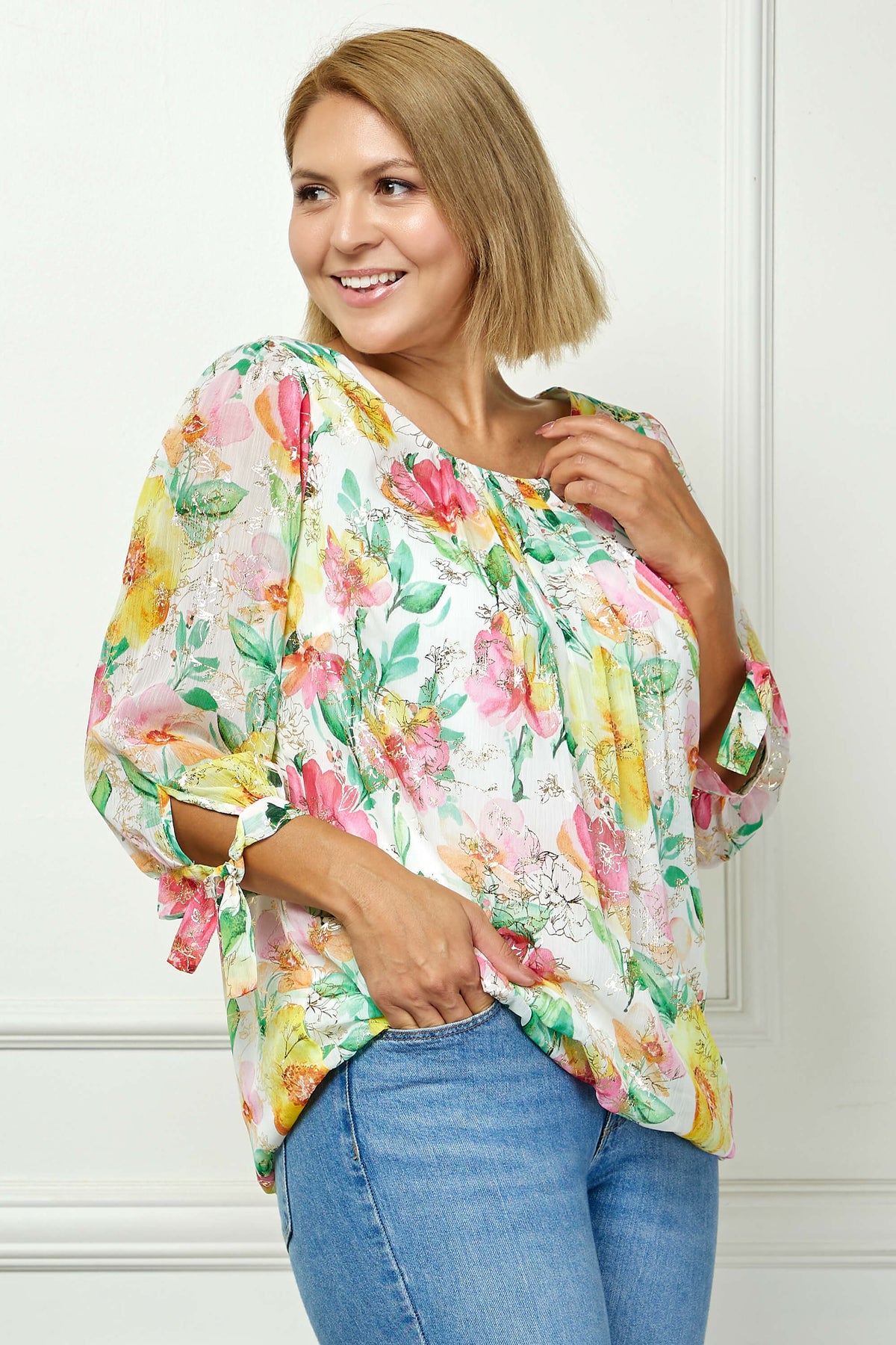 Dressbarn Popular | 3/4 Tie Sleeve Pleat Neck Floral Foil Bubble Blouse in White/Pink/Green Multi - Plus