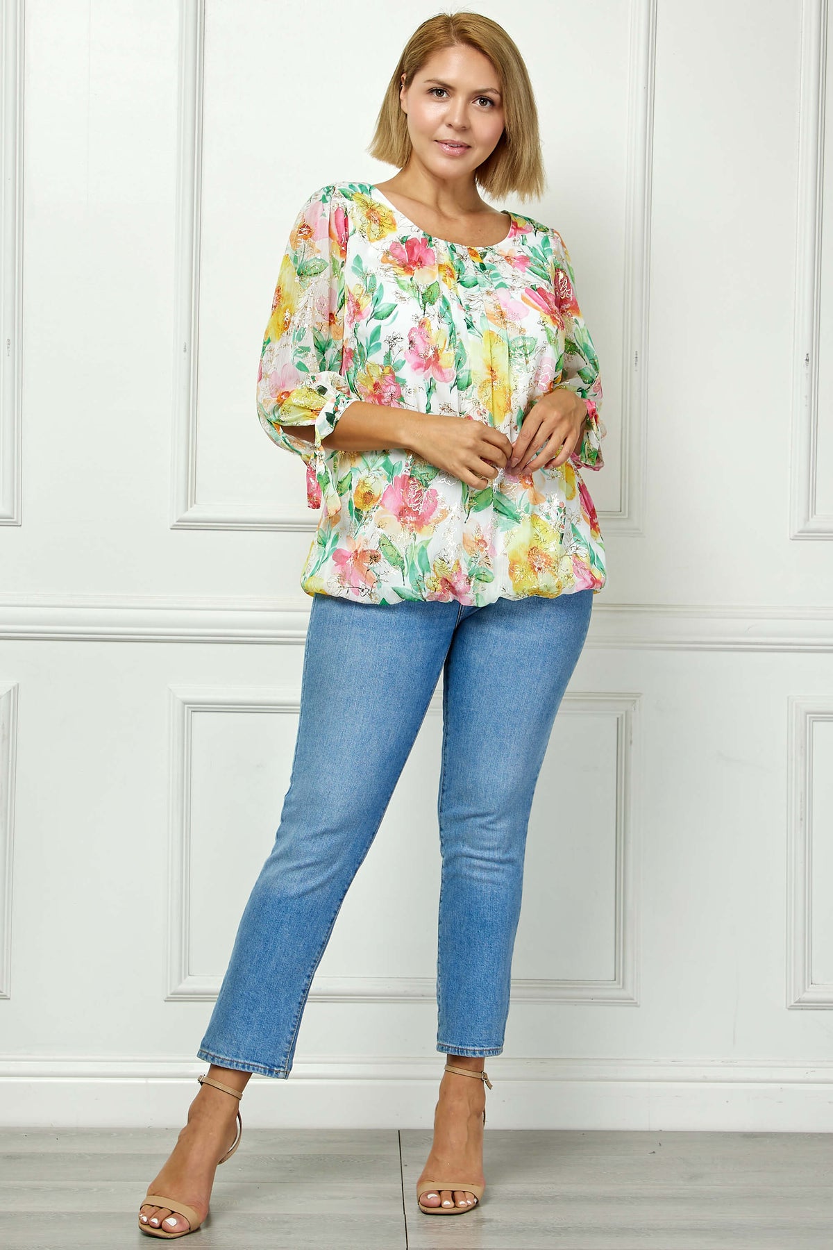 Dressbarn Popular | 3/4 Tie Sleeve Pleat Neck Floral Foil Bubble Blouse in White/Pink/Green Multi - Plus