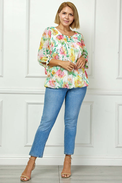 Dressbarn Popular | 3/4 Tie Sleeve Pleat Neck Floral Foil Bubble Blouse in White/Pink/Green Multi - Plus
