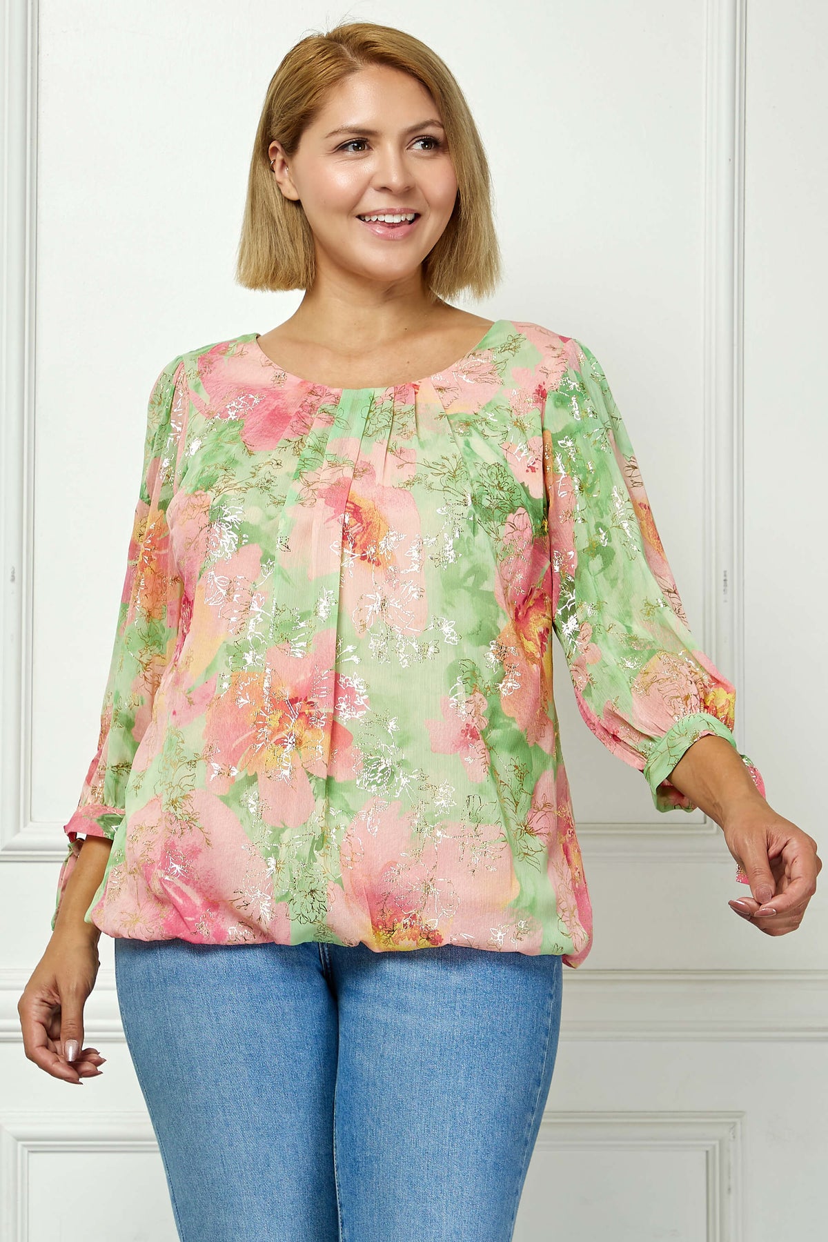 Dressbarn Trending | 3/4 Tie Sleeve Pleat Neck Floral Foil Bubble Blouse in Sage/Pink Watercolor - Plus