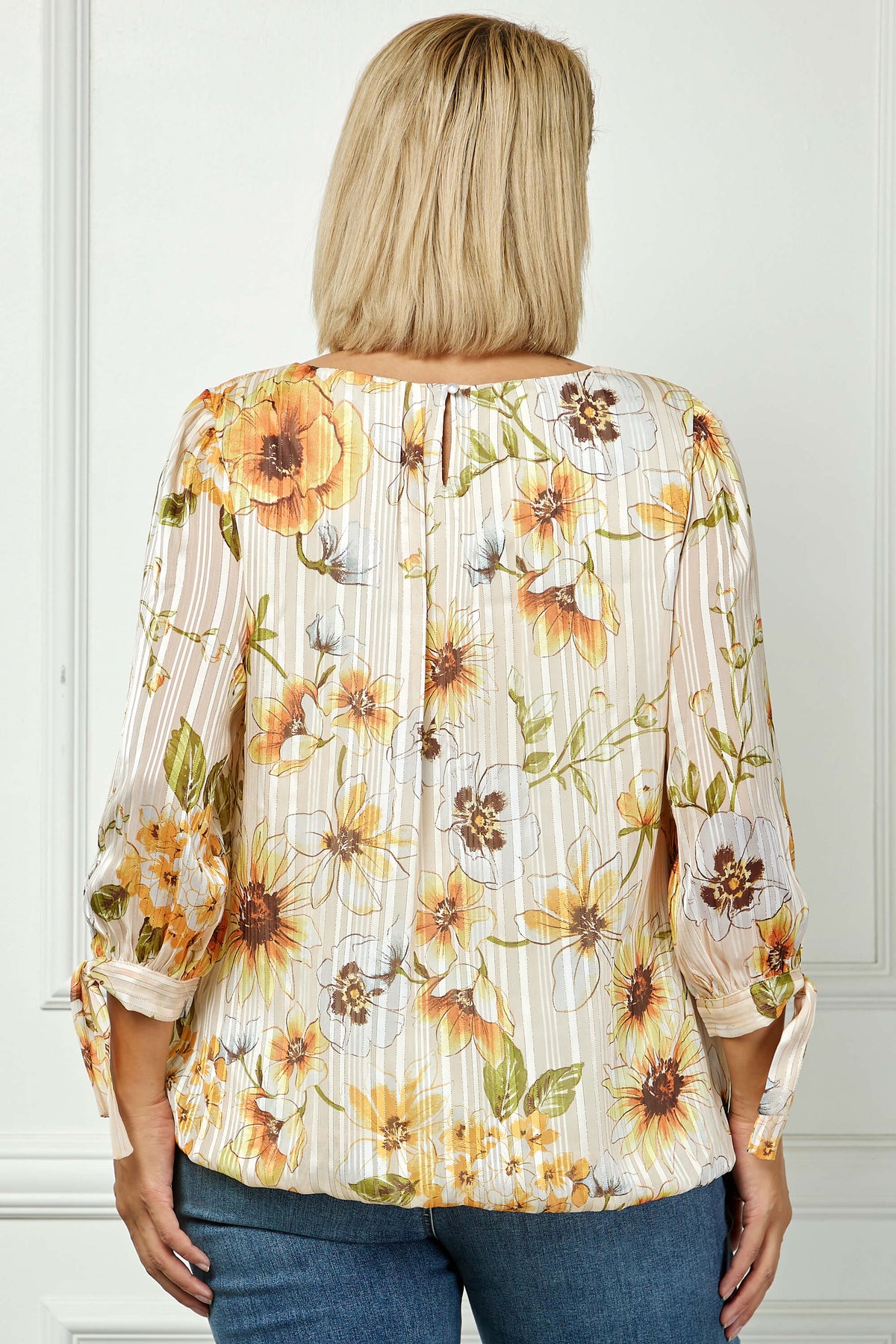 Dressbarn Recommended | 3/4 Tie Sleeve Pleat Neck Bubble Blouse in Yellow Pansy - Plus