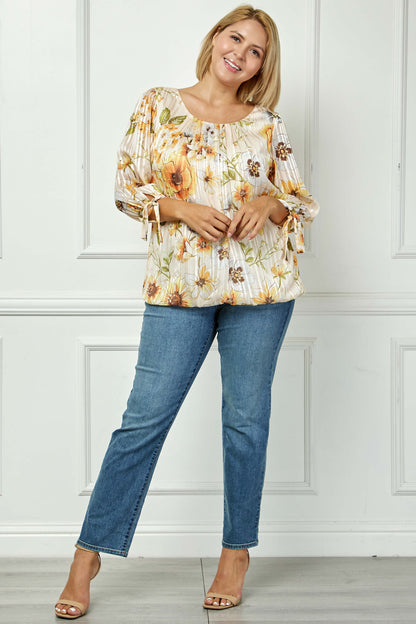Dressbarn Recommended | 3/4 Tie Sleeve Pleat Neck Bubble Blouse in Yellow Pansy - Plus