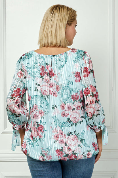 Dressbarn Premium | 3/4 Tie Sleeve Pleat Neck Bubble Blouse in Mint Roses - Plus