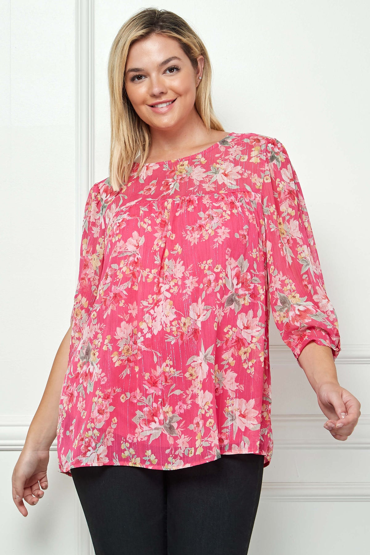 Dressbarn New | 3/4 Knot Sleeve Scoop Neck Yoke Blouse in Fuchsia Floral - Plus