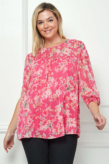 Dressbarn New | 3/4 Knot Sleeve Scoop Neck Yoke Blouse in Fuchsia Floral - Plus