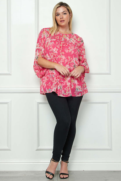 Dressbarn New | 3/4 Knot Sleeve Scoop Neck Yoke Blouse in Fuchsia Floral - Plus