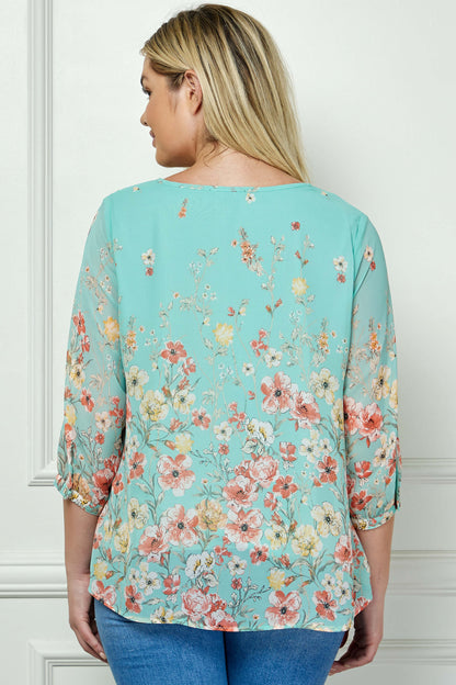 Dressbarn Popular | 3/4 Button Cuff Smock Shoulder Tie Neck Border Print Blouse in Seafoam Petals - Plus