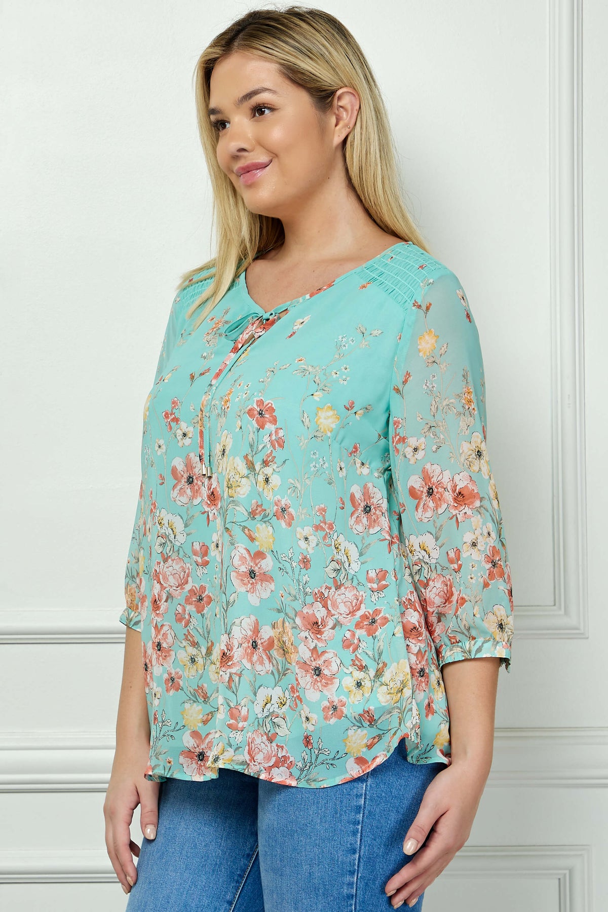 Dressbarn Popular | 3/4 Button Cuff Smock Shoulder Tie Neck Border Print Blouse in Seafoam Petals - Plus
