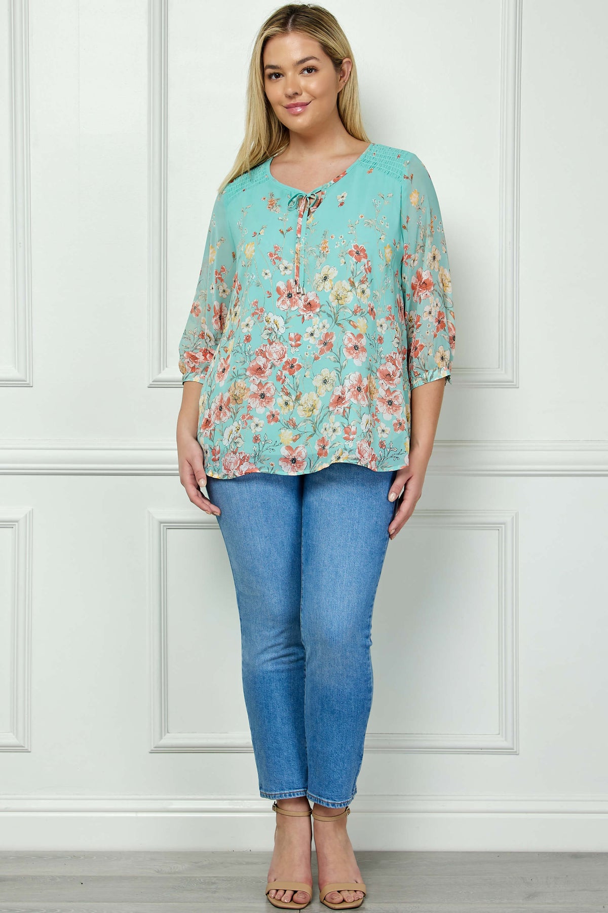 Dressbarn Popular | 3/4 Button Cuff Smock Shoulder Tie Neck Border Print Blouse in Seafoam Petals - Plus