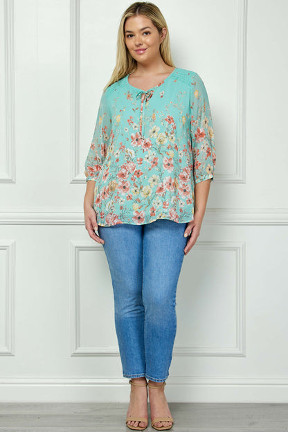 Dressbarn Popular | 3/4 Button Cuff Smock Shoulder Tie Neck Border Print Blouse in Seafoam Petals - Plus
