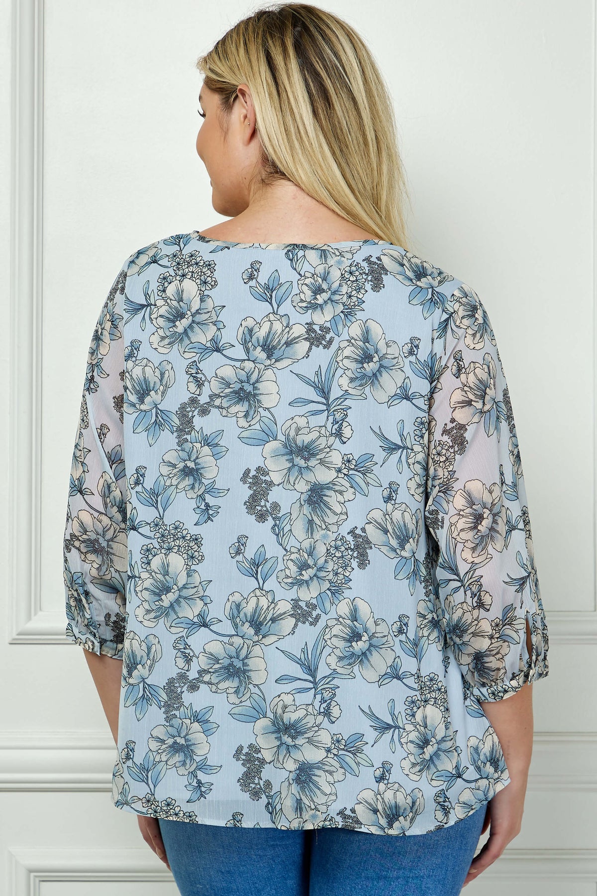 Dressbarn Trending | 3/4 Button Cuff Sleeve Smock Shoulder Tie Neck Blouse in Blue Floral - Plus