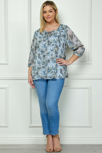 Dressbarn Trending | 3/4 Button Cuff Sleeve Smock Shoulder Tie Neck Blouse in Blue Floral - Plus