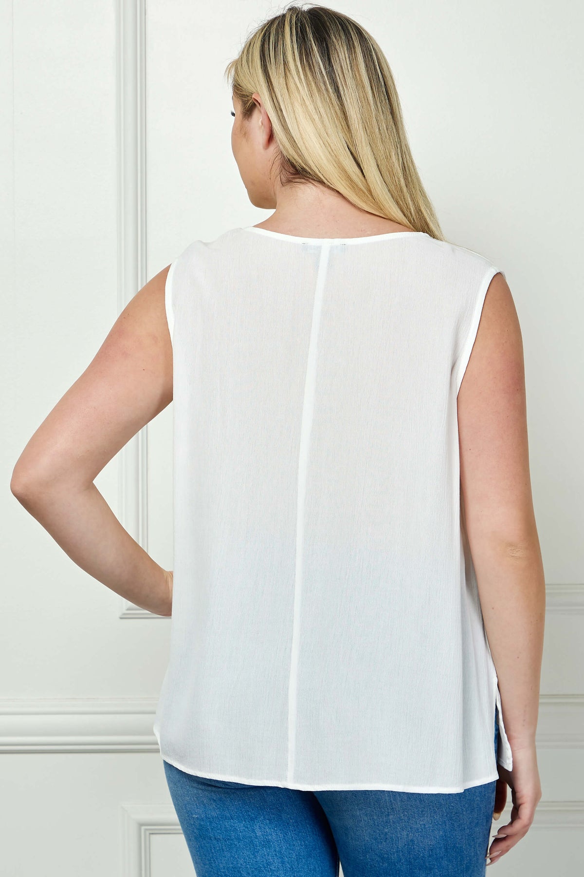 Dressbarn Premium | Sleeveless Embroidered Yoke Split Neck Blouse in White  - Plus