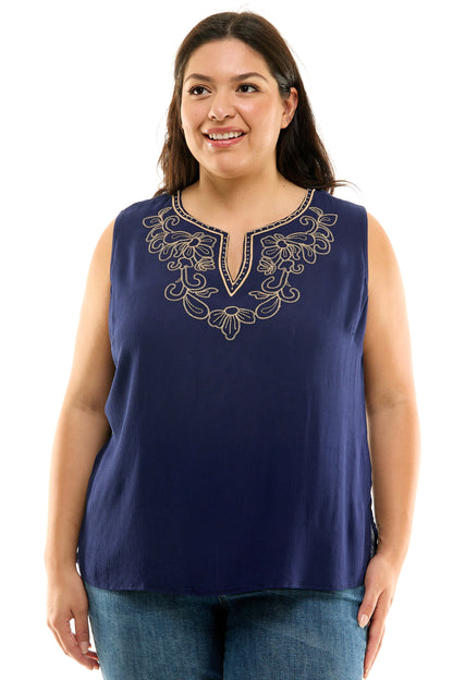 Dressbarn New | Sleeveless Embroidered Yoke Split Neck Blouse in Navy - Plus