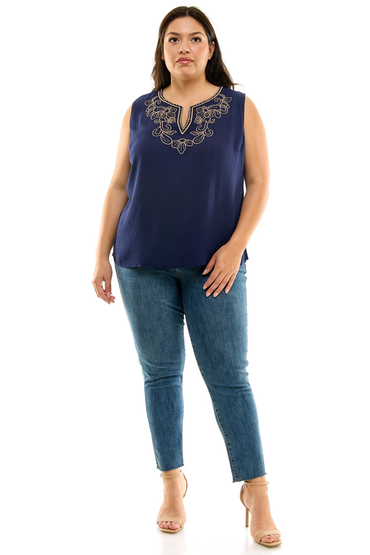 Dressbarn New | Sleeveless Embroidered Yoke Split Neck Blouse in Navy - Plus