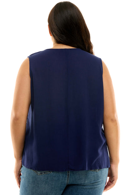 Dressbarn New | Sleeveless Embroidered Yoke Split Neck Blouse in Navy - Plus