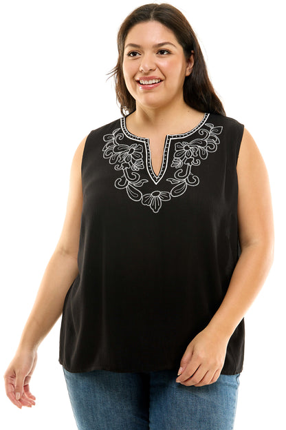 Dressbarn Featured | Sleeveless Embroidered Yoke Split Neck Blouse in Black - Plus