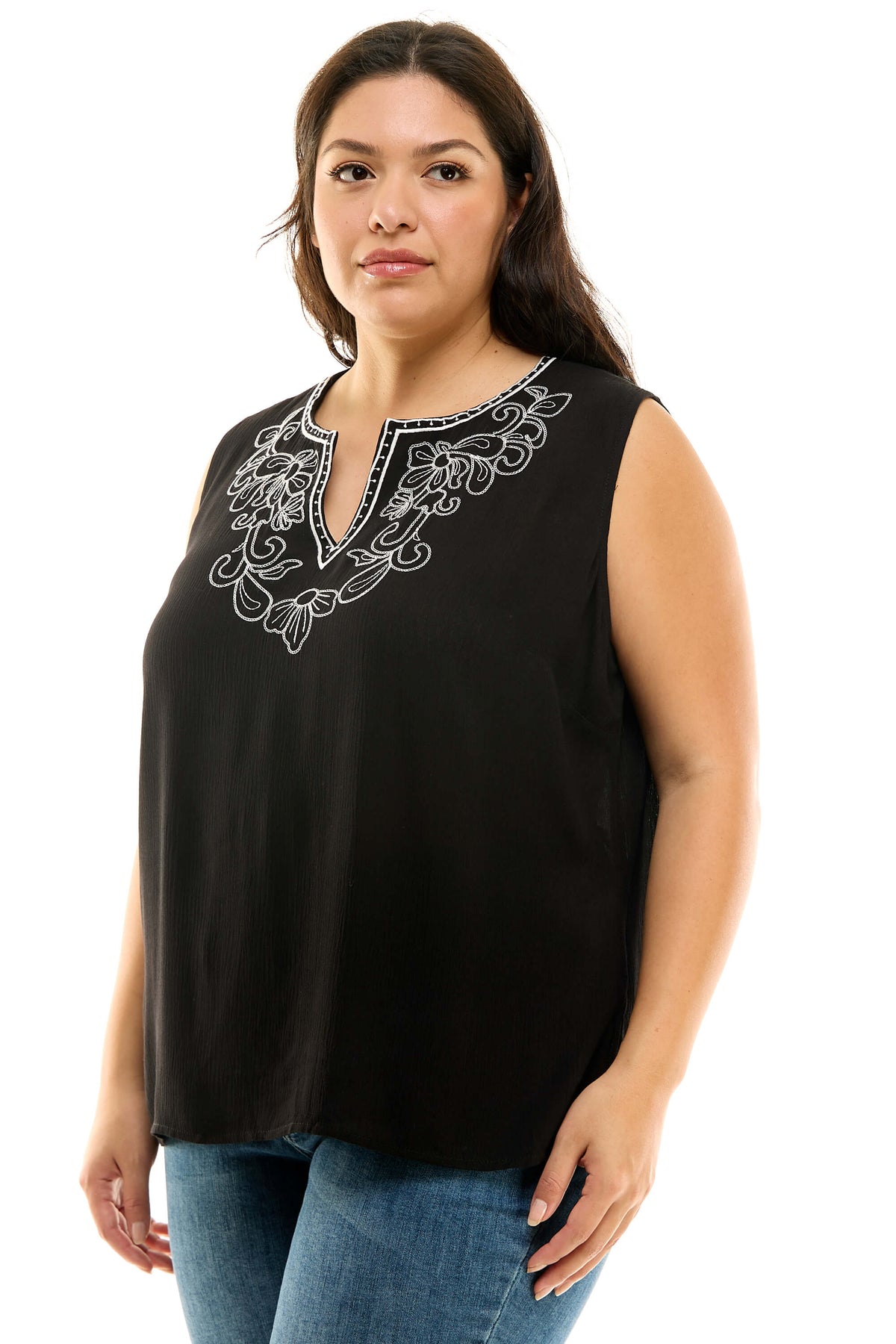 Dressbarn Featured | Sleeveless Embroidered Yoke Split Neck Blouse in Black - Plus