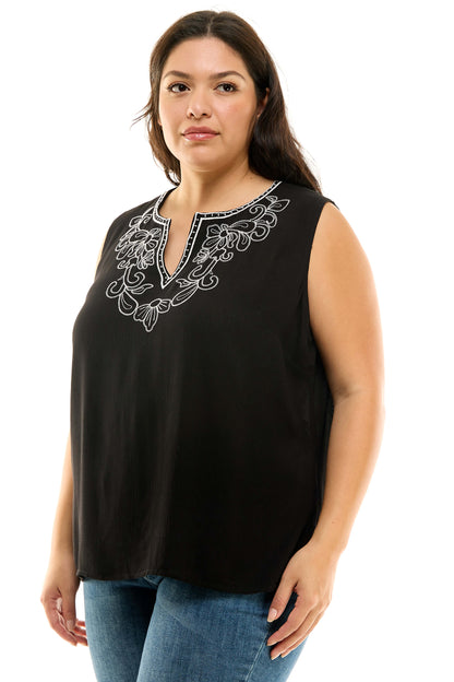 Dressbarn Featured | Sleeveless Embroidered Yoke Split Neck Blouse in Black - Plus