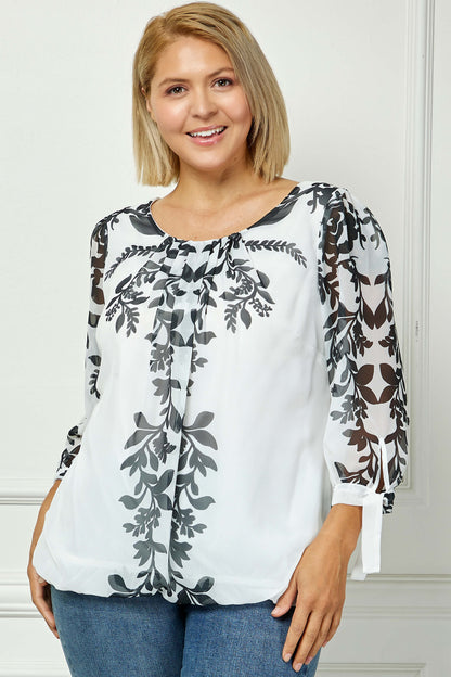 Dressbarn Popular | 3/4 Tie Sleeve Pleat Neck Placement Print Bubble Blouse in White/Black - Plus