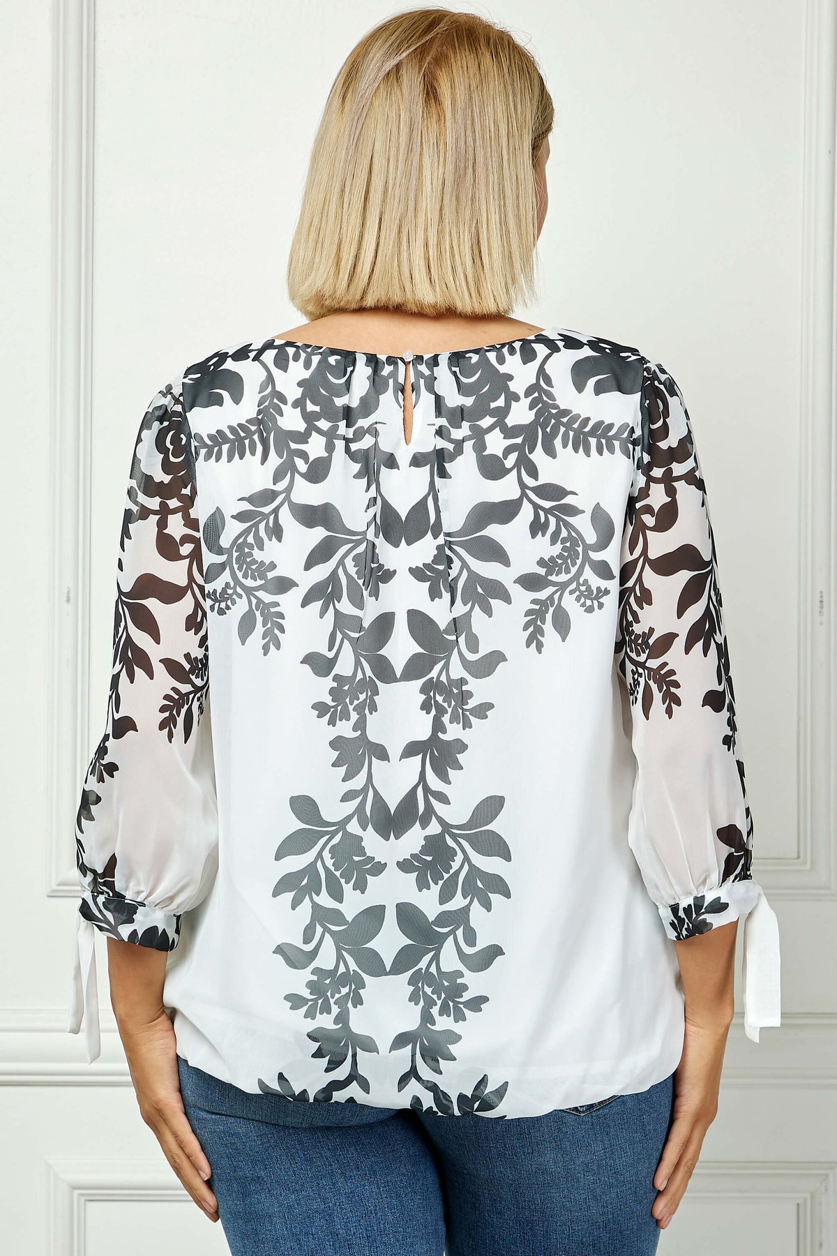 Dressbarn Popular | 3/4 Tie Sleeve Pleat Neck Placement Print Bubble Blouse in White/Black - Plus