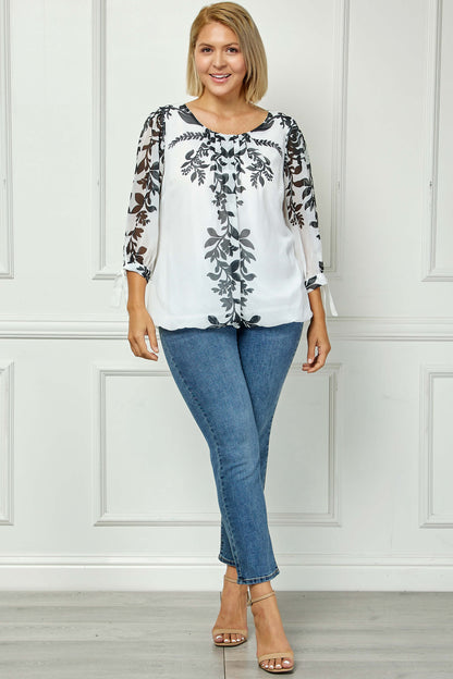 Dressbarn Popular | 3/4 Tie Sleeve Pleat Neck Placement Print Bubble Blouse in White/Black - Plus