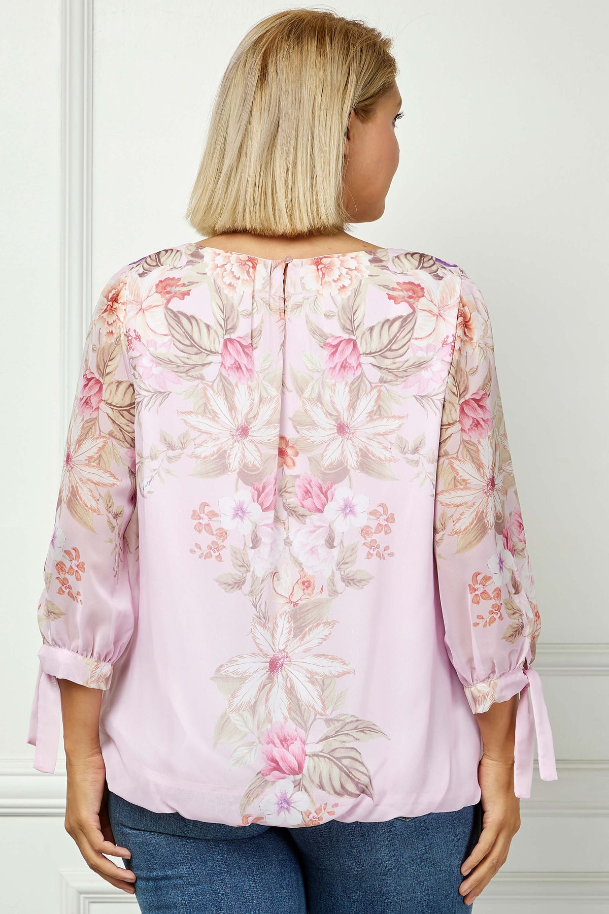 Dressbarn Trending | 3/4 Tie Sleeve Pleat Neck Placement Print Bubble Blouse in Pink/Melon - Plus