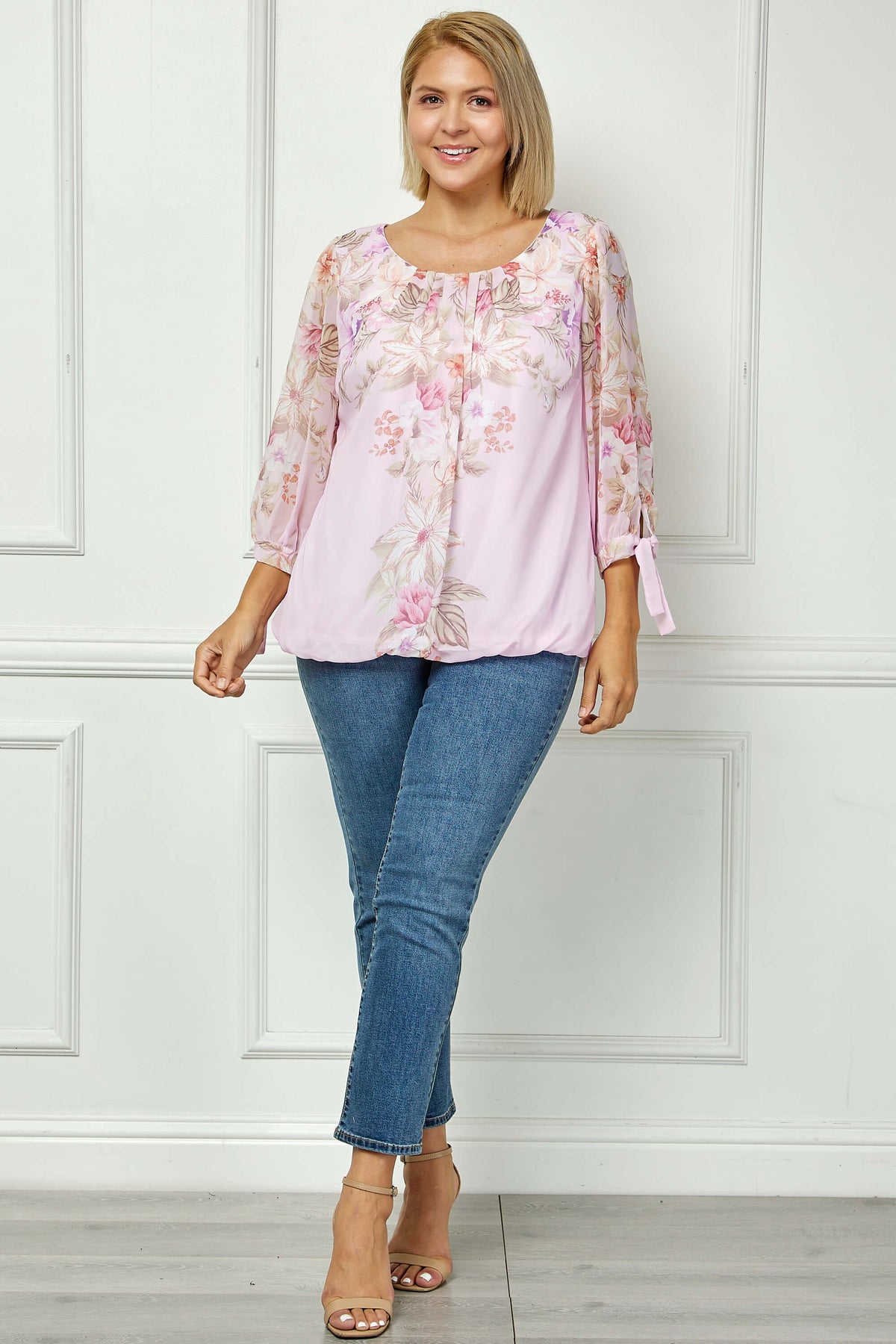 Dressbarn Trending | 3/4 Tie Sleeve Pleat Neck Placement Print Bubble Blouse in Pink/Melon - Plus