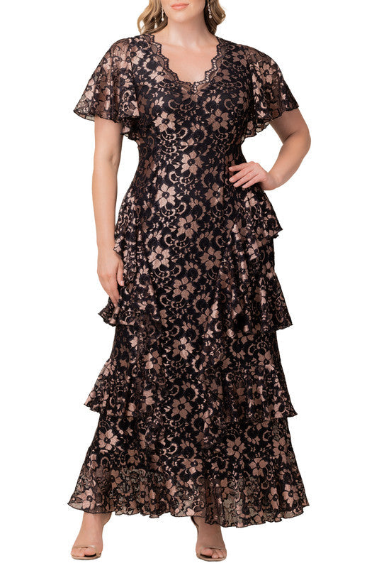 Dressbarn New | Mon Ange Tiered Lace Evening Gown - Rose Gold - Plus