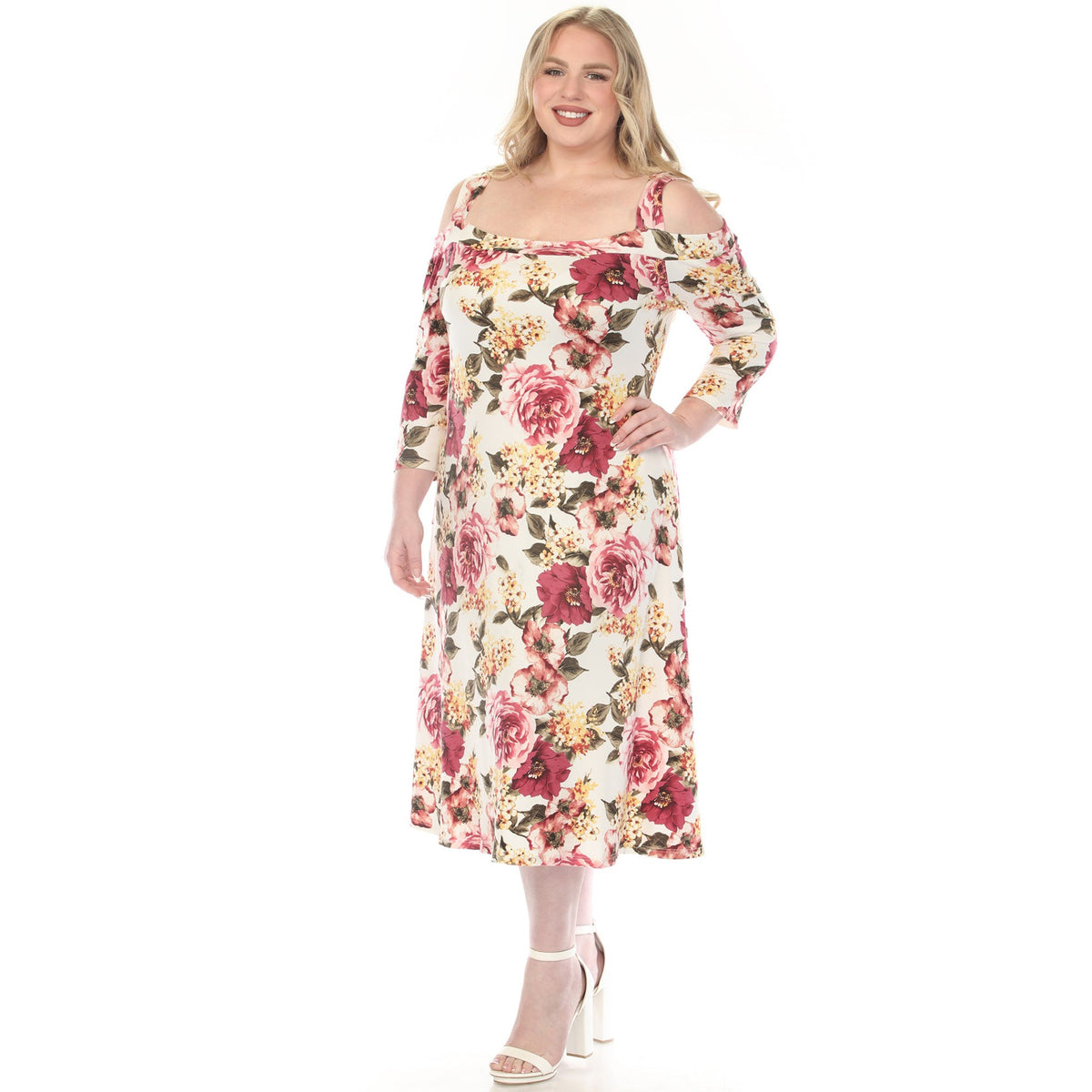 Dressbarn Best Seller | Women's  Cold Shoulder 3/4 Sleeve Dress - Ivory Mauve - Plus