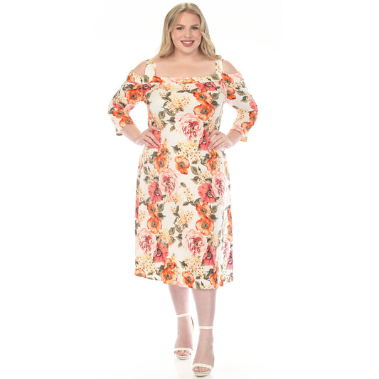 Dressbarn Recommended | Women's  Cold Shoulder 3/4 Sleeve Dress - Ivory Orange - Plus