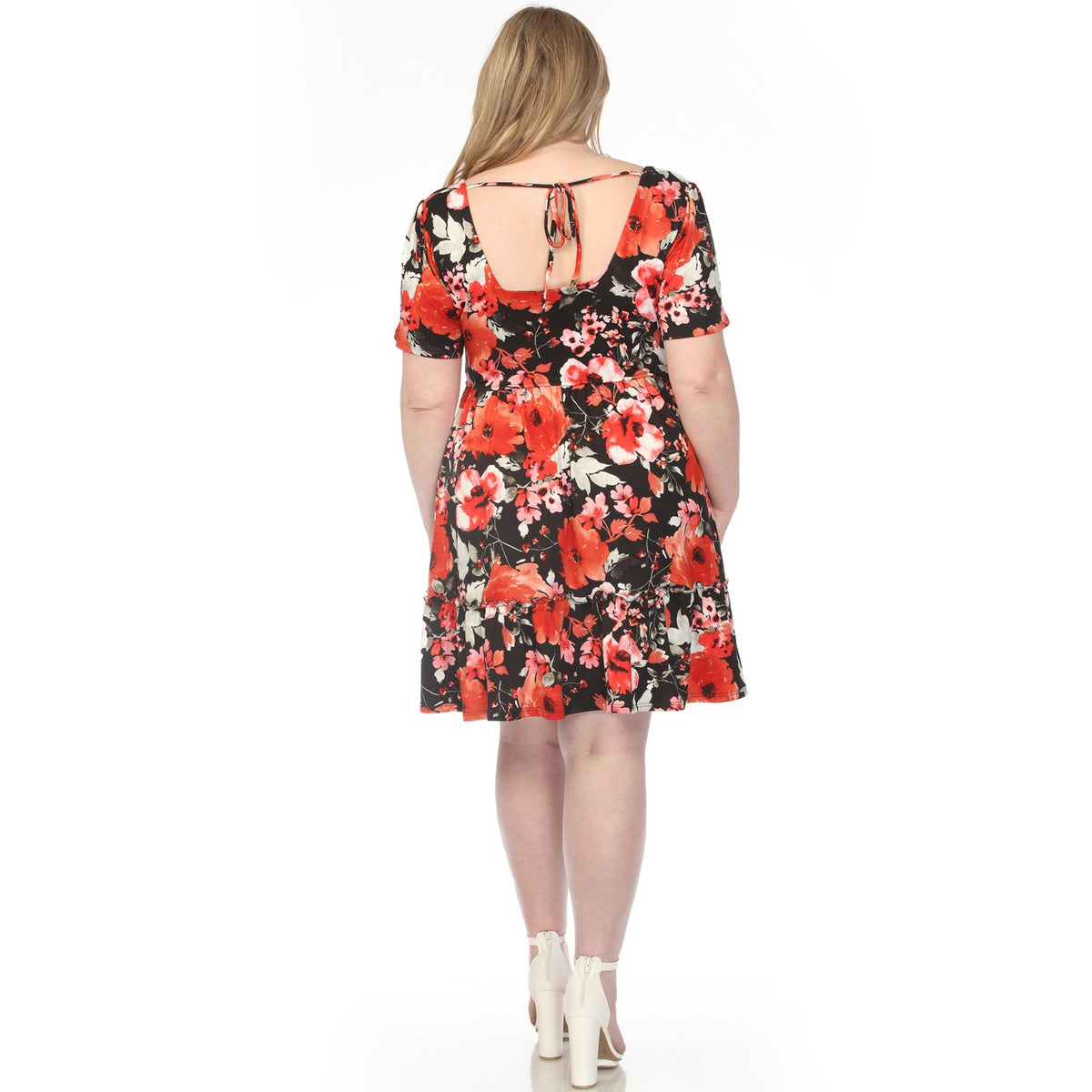 Dressbarn New | Women's  Square Neck Short Sleeve Floral Dress - Black Red - Plus