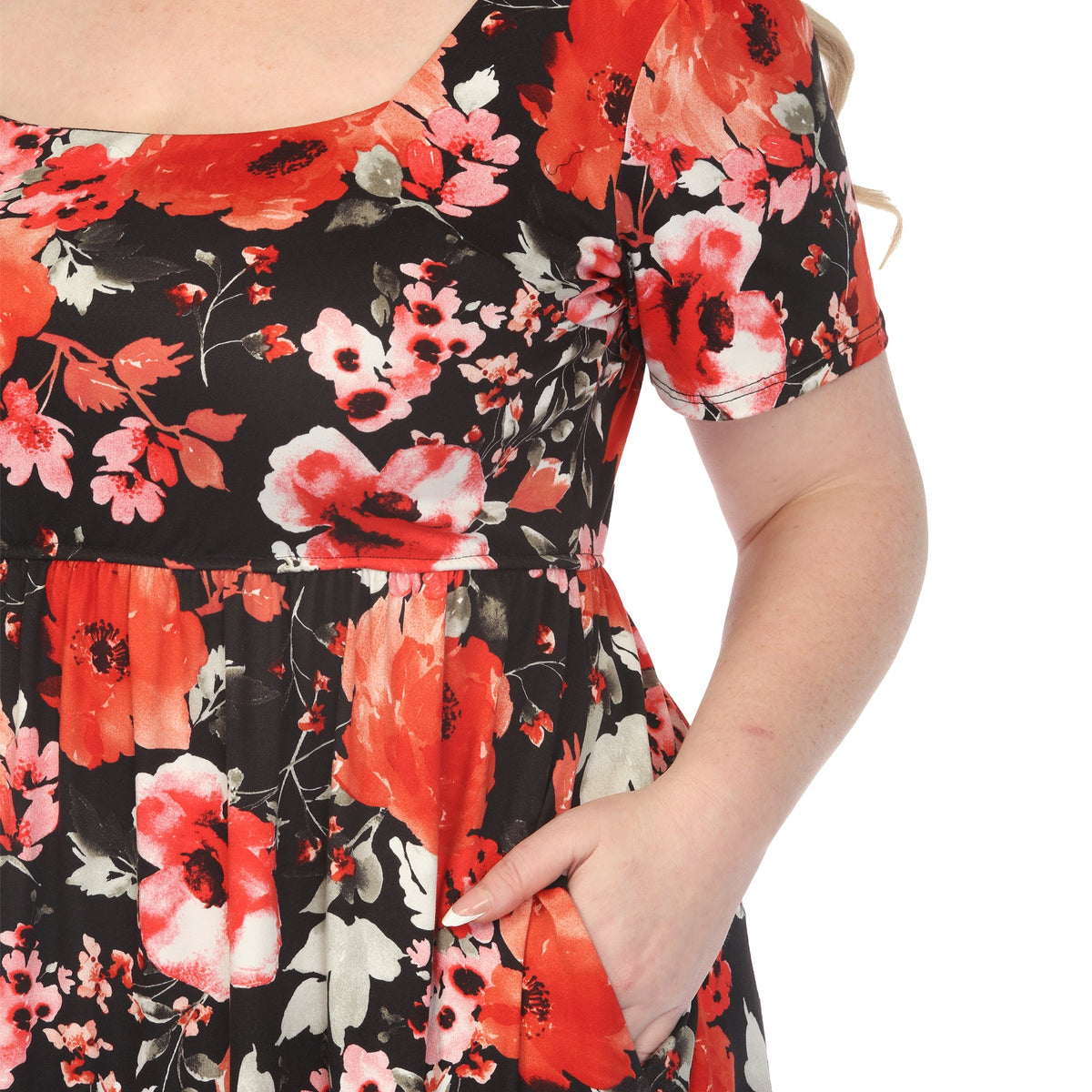 Dressbarn New | Women's  Square Neck Short Sleeve Floral Dress - Black Red - Plus