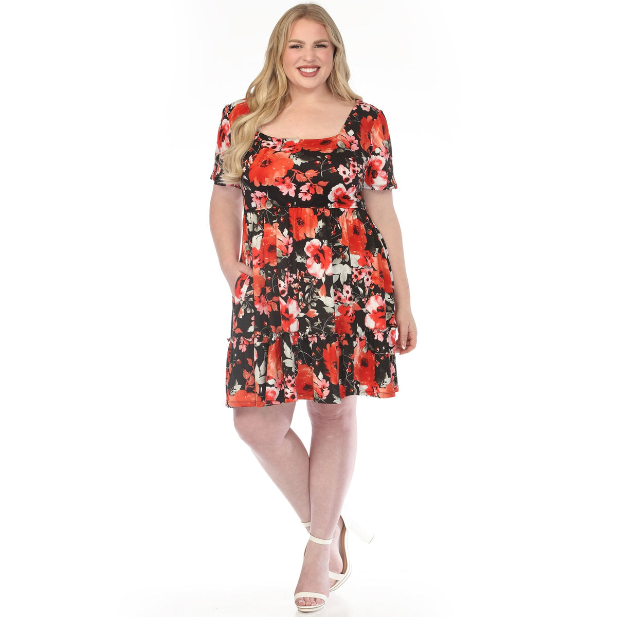 Dressbarn New | Women's  Square Neck Short Sleeve Floral Dress - Black Red - Plus