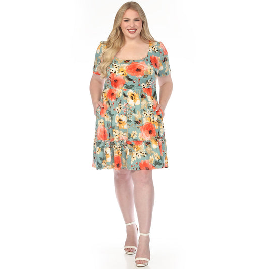 Dressbarn Featured | Women's  Square Neck Short Sleeve Floral Dress - Sage Coral - Plus