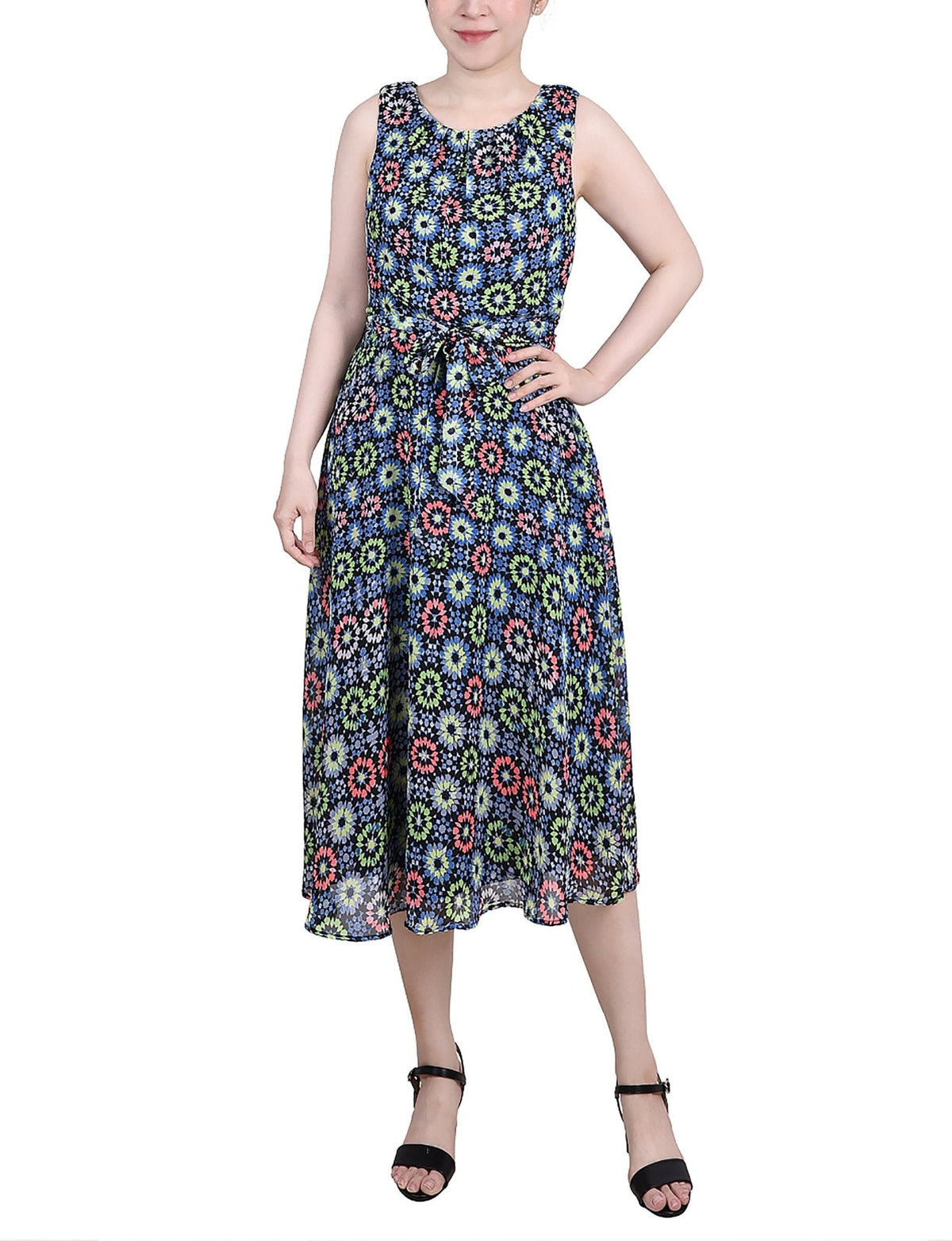 Dressbarn Best Seller | Geo Hippe Peasant Sleeveless Chiffon Belted Dress - Petite