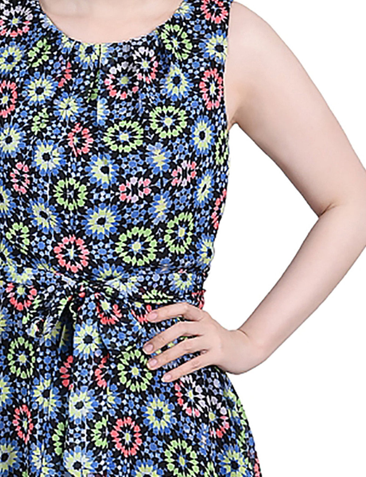 Dressbarn Best Seller | Geo Hippe Peasant Sleeveless Chiffon Belted Dress - Petite