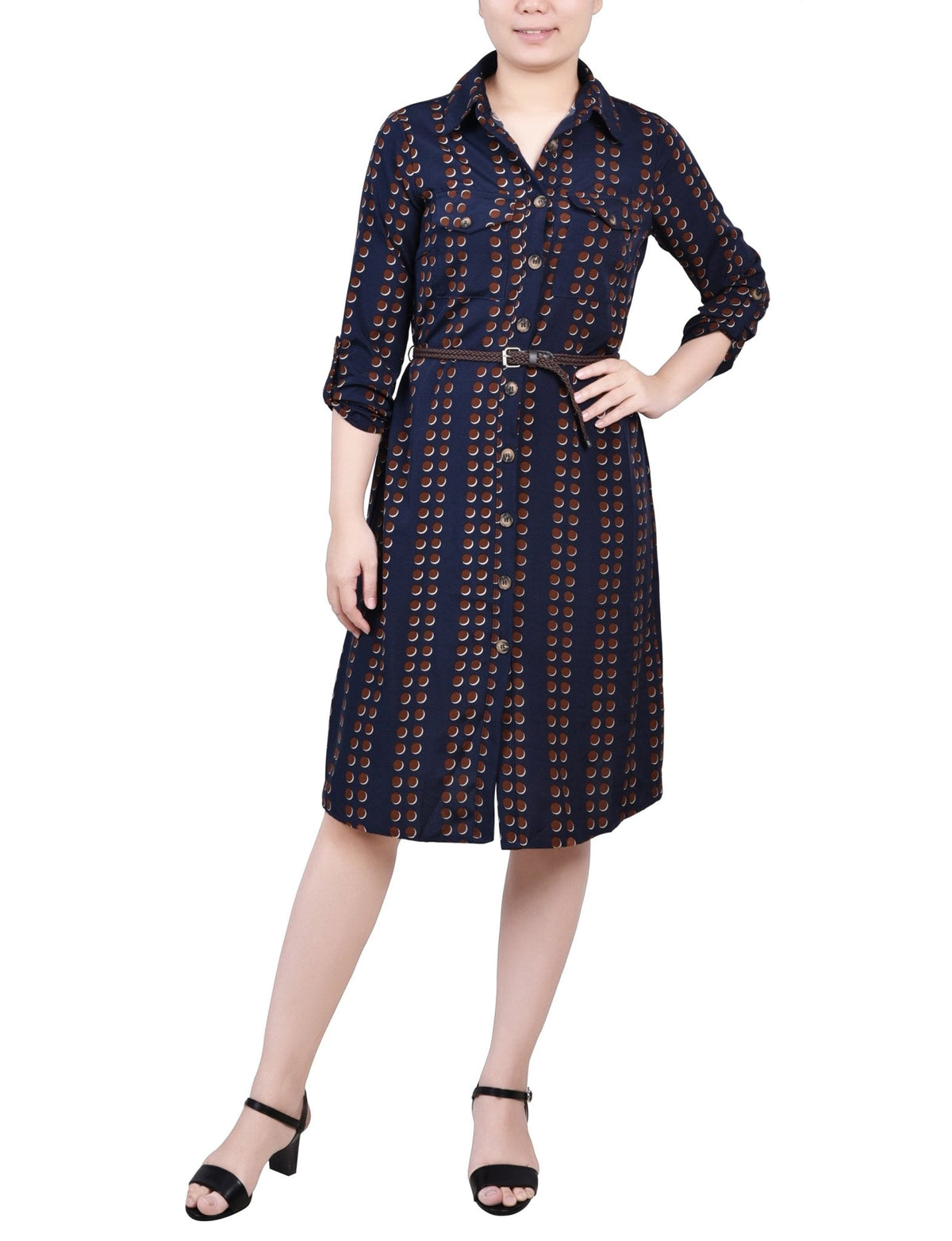 Dressbarn Recommended | Navy Big Dot 3/4 Roll Tab Sleeve Shirtdress - Petite