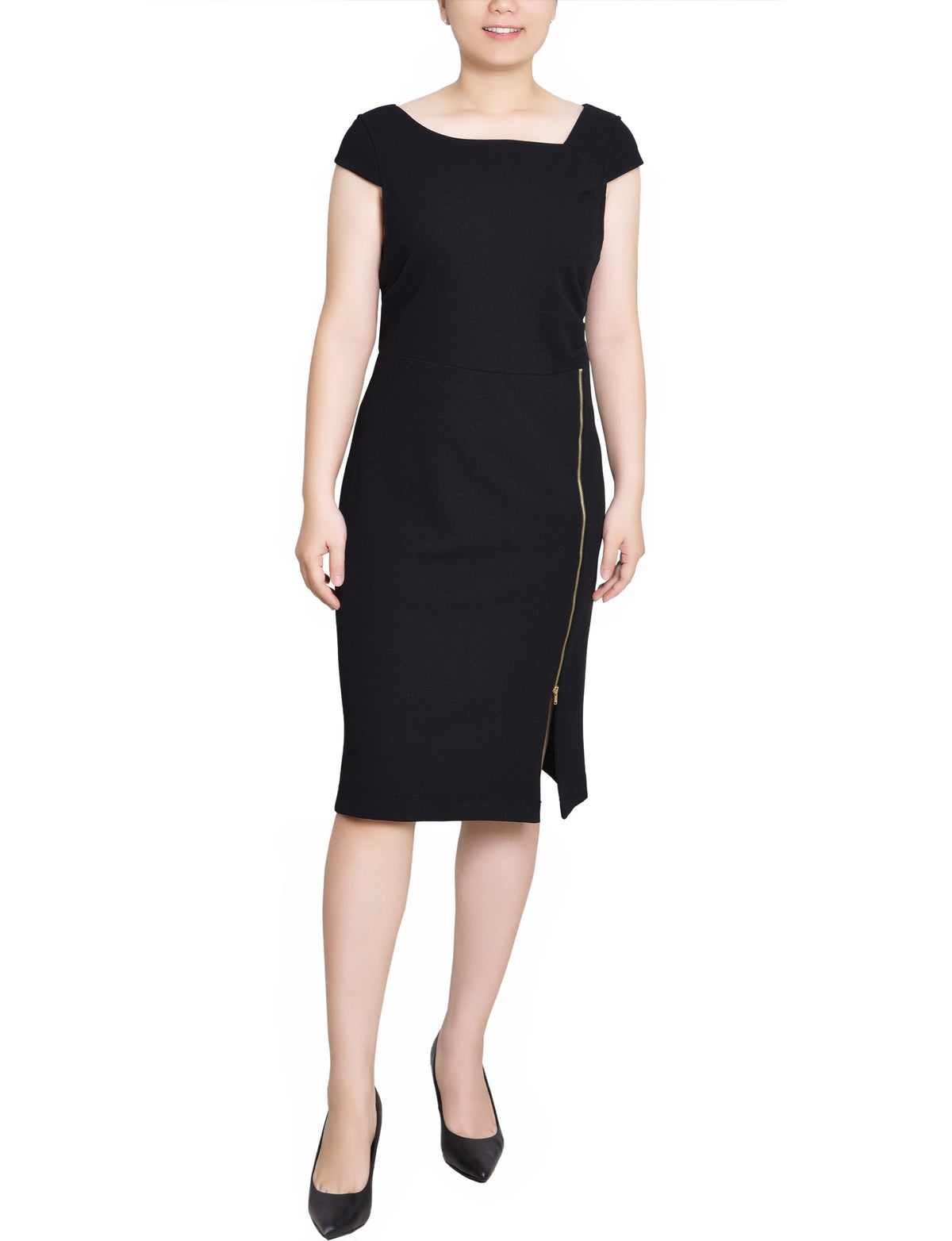 Dressbarn Trending | Black Cap Sleeve Exposed Zipper Dress - Petite