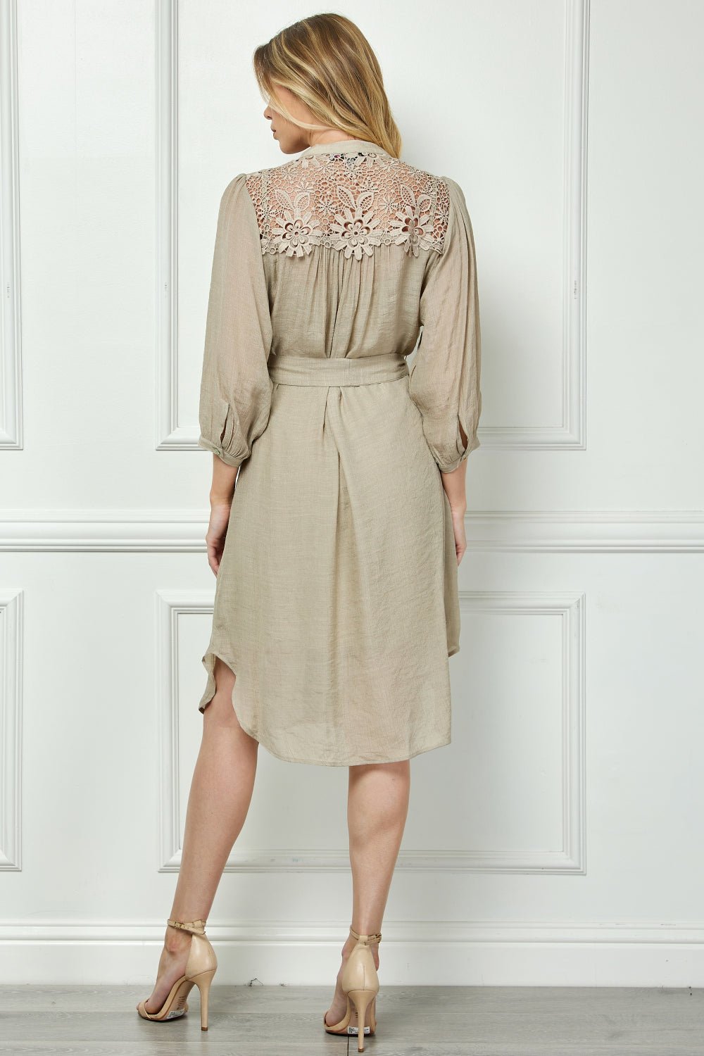 Dressbarn Featured | Button Front Yoke Neck Dress With Lace Shoulders