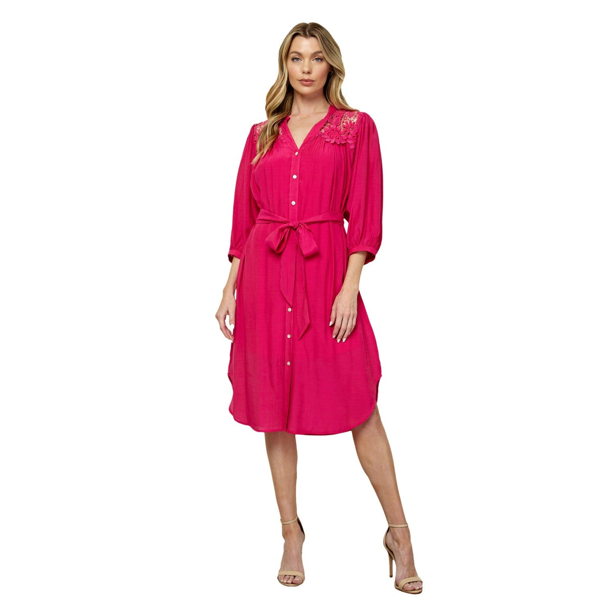 Dressbarn Featured | Button Front Yoke Neck Dress With Lace Shoulders