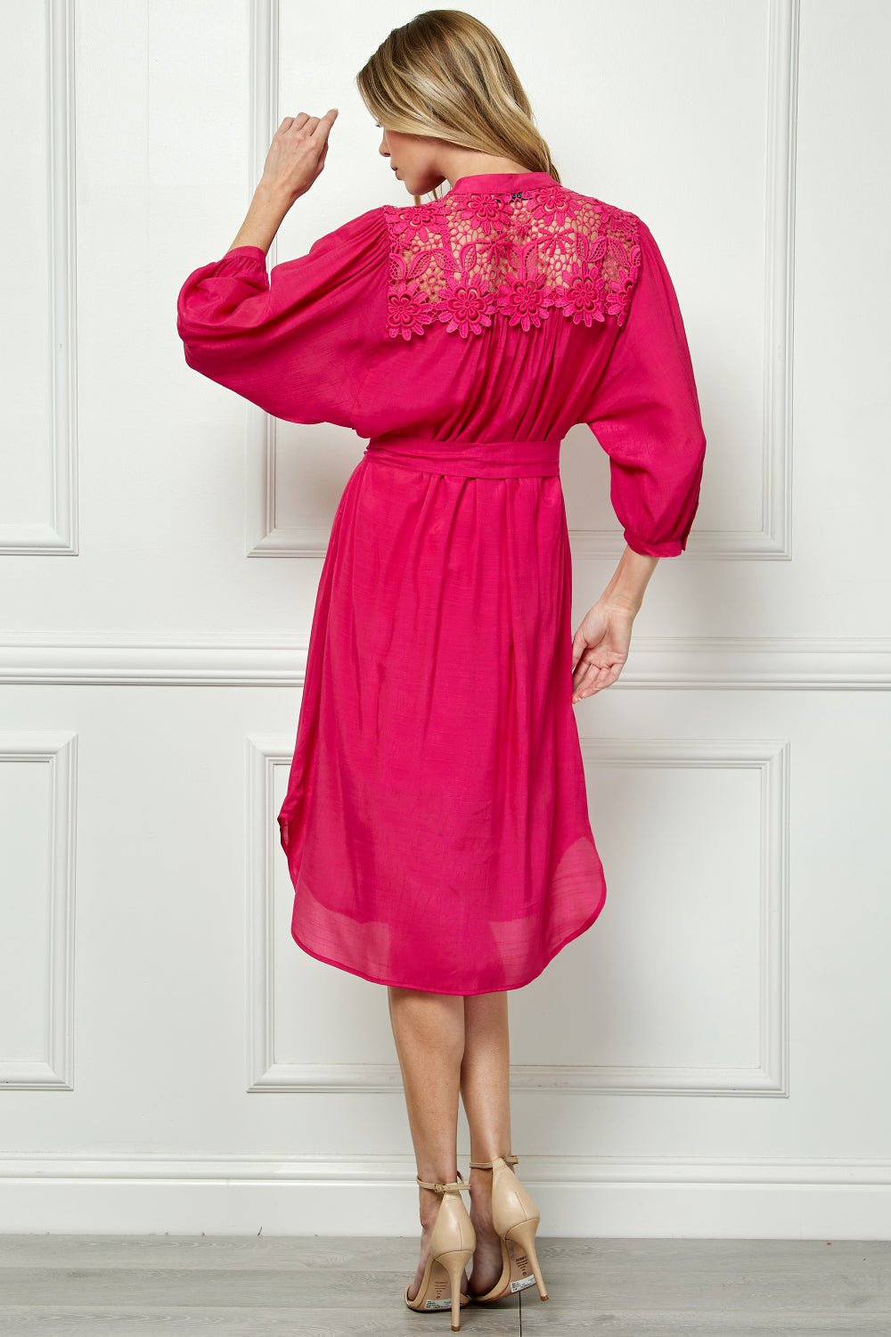 Dressbarn Featured | Button Front Yoke Neck Dress With Lace Shoulders